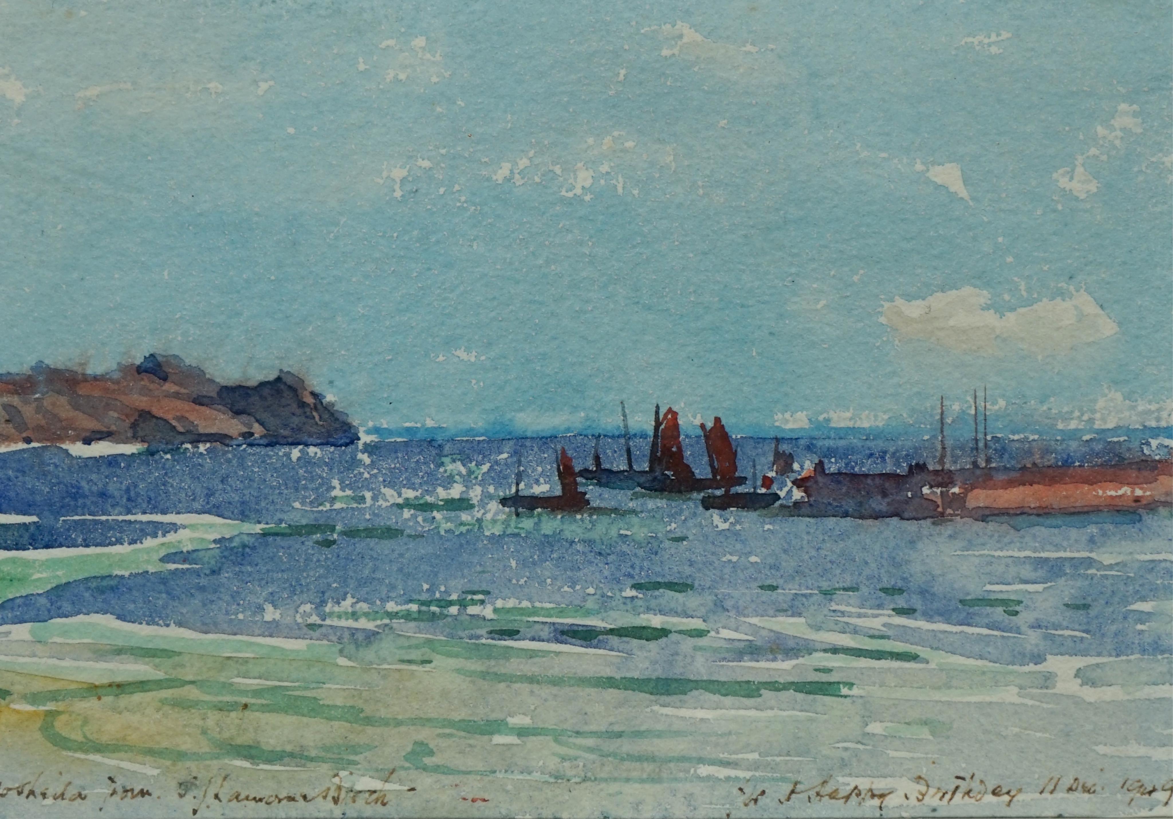 Samuel John Lamorna Birch RA, RWS (1869-1955), Coastal scene with fishing boats, watercolour, 12 x 17cm